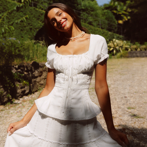 White Lace Trim <b>Tie</b> Front Square Neck Puff Sleeve Women's Short Sleeve T-Shirt - Product Image 3