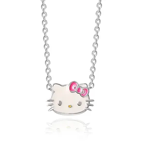 Ожерелье для девочек из серебра 925 пробы с розовой и белой эмалью и котенком