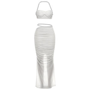 Viviblook Z0127ST15 Nouvel ensemble jupe femme avec décoration perles, crop top sexy enveloppant la poitrine et jupe taille basse, ensemble deux pièces pour femme - Product Image 6