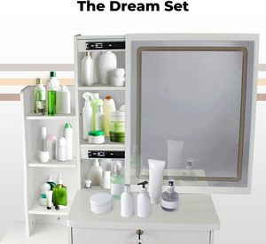 Meuble sous-vasque blanc bon marché <span class=keywords><strong>avec</strong></span> lumière <span class=keywords><strong>LED</strong></span> <span class=keywords><strong>miroir</strong></span> de maquillage tiroirs <span class=keywords><strong>coiffeuse</strong></span> bois stockage moderne Table sous-vasque maquillage - Product Image 4