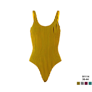 Costume da bagno intero HDJ a righe giallo e nero, contenitivo, taglie forti, da donna, sgambato, scollo rotondo, in spandex e poliestere - Product Image 3