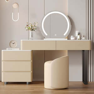 Ensemble de coiffeuse en bois blanc crème, coiffeuse <span class=keywords><strong>moderne</strong></span> en cuir avec miroir, design simple, <span class=keywords><strong>commode</strong></span> de rangement, idéal pour les adultes - Product Image 3