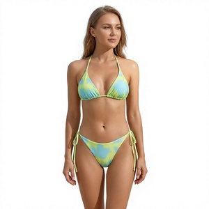 Conjunto de Bikini de 2 Piezas para Mujer, Tie-Dye, con Ribete en Contraste, Halter, Lazos Laterales, Triángulo en la Parte Delantera, Secado Rápido, Traje de Baño para Playa y Verano - Product Image 3