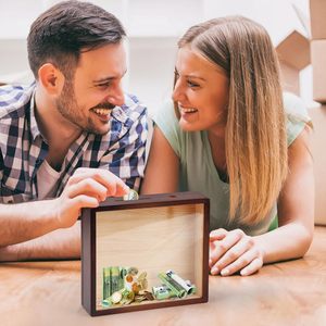 Wood Piggy Bank Durable Wooden Piggy Bank With Savings Plans Reusable Money Bank With DIY Acrylic Front