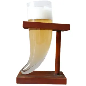 Cuerno de buey soplado a mano, vaso de cerveza con soporte de madera para bebidas con alcohol, 16oz, 21oz, 650ml