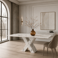 Table à manger moderne en marbre artificiel blanc avec pieds en X pour villa, hôtel et restaurant - Meubles personnalisables