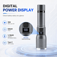 Lampe torche laser zoomable 10W 500LM avec indicateur de puissance numérique, 3 modes, charge Type-C, batterie 18650 1500mAh, en aluminium