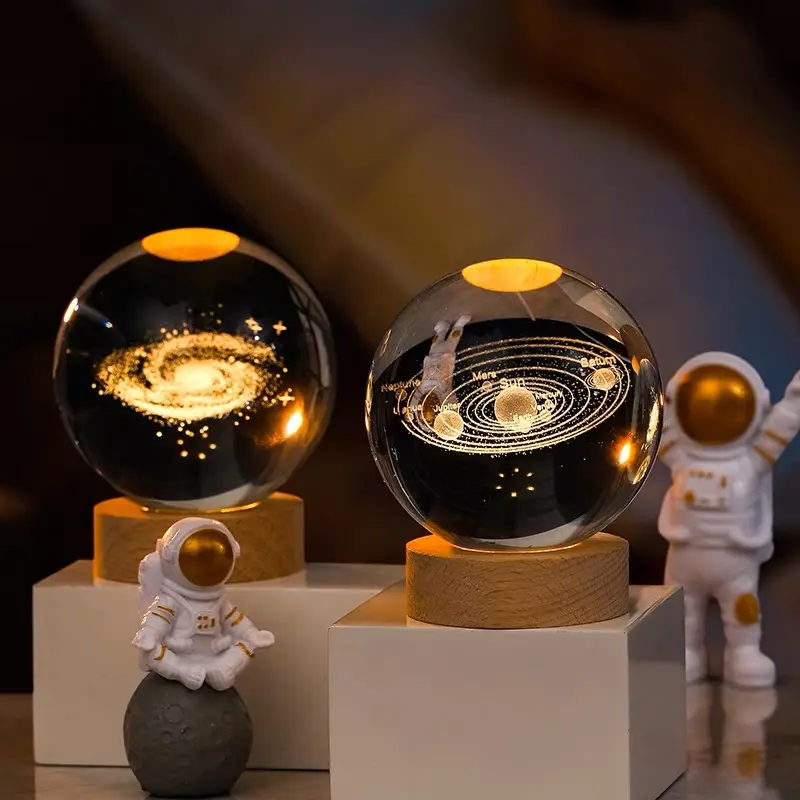 Sistema Solar de vidrio de 60mm, esfera planetaria, bola de cristal de galaxia grabada con láser 3D, luz LED de madera, lámpara de noche
