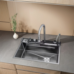 Évier de cuisine moderne à cuvette unique fait à la main en acier inoxydable 304 noir avec surface nano conception de cascade multifonctionnelle à quatre trous - Product Image 4