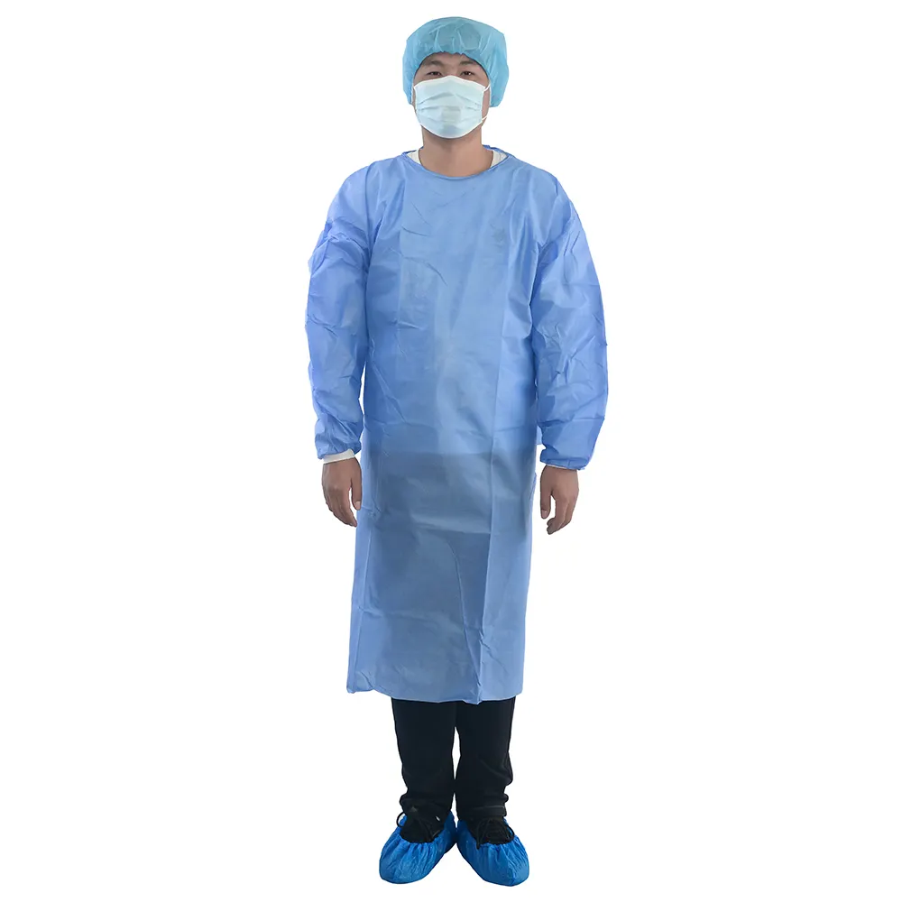 L'hôpital habille la robe jetable d'isolement d'habillement bleu de protection de SMS avec la manchette tricotée