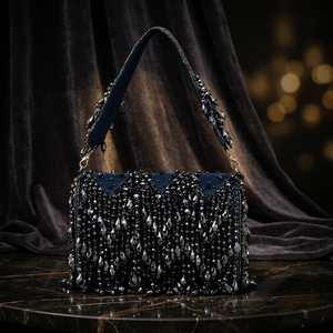 Flap Evening <b>Clutch</b> <b>Bag</b> with Best Quality <b>Blue</b> Color Fringe and Pearl Accents Handmade Shoulder <b>Bag</b> <b>for</b> Party & <b>Wedding</b> Events - Product Image 2