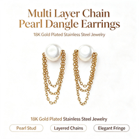 Anting Mutiara Rantai Emas Multi Layer Elegan, Anting Tusuk Baja Anti Karat, Anting Gantung untuk Wanita, Hadiah Perhiasan untuk Kencan, Pesta Pernikahan