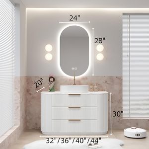 Mueble de Baño Personalizado al por Mayor, Color Blanco Crema, <span class=keywords><strong>con</strong></span> Lavabo Integrado y Espejo Ovalado LED Inteligente Antivaho - Product Image 2