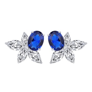 Dainty Fashion Jewelry Eco-friendly Copper Oval Cut 6*8mm <b>Blue</b> Zircon Statement <b>Blue</b> Stone Floral <b>Stud</b> <b>Earrings</b> for Women - Product Image 1