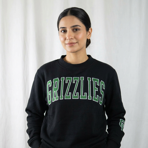 GRIZZLIES BLACK <b>Mock</b> <b>Neck</b> Sweatshirt 100%GREEN Applique Embroidery wide <b>neck</b> Sweatshirt Finer Threads - Product Image 1