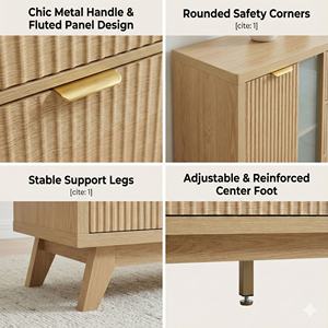 <span class=keywords><strong>Buffet</strong></span> à côtés cannelés avec 3 tiroirs aspect rotin, accents de porte en verre, poignées dorées - Product Image 3