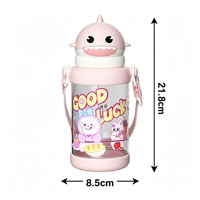 Bouteille d'eau pour enfants de 650 ml, anti-fuite, en plastique, avec paille et cordon, sans BPA, design requin, pour les élèves et les activités de plein air