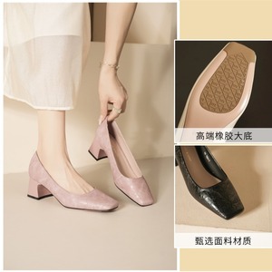 5688F Square Toe Pumps Medium <b>Block</b> Heel Suede Women's Shoes Korean Style Comfort Fit Solid Color Dress Shoes - Product Image 5
