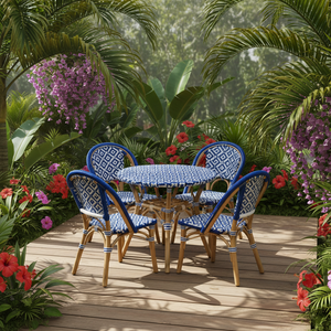 Ensemble de salle à manger d'extérieur empilable en rotin PE durable 5 pièces Bistro Paris, motif bleu et blanc, mobilier de jardin et de terrasse, 4 places - Product Image 1