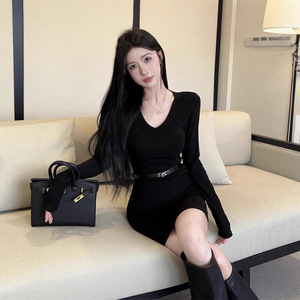 Black V-neck Long Sleeve Mini Dress Tight Waist Bodycon Party Casual Dress With Belt Breathable Simple Style - Product Image 5