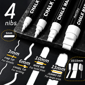 Lot de 4 marqueurs effaçables à sec <span class=keywords><strong>pour</strong></span> tableau noir, <span class=keywords><strong>blanc</strong></span>, haute couvrance, <span class=keywords><strong>pour</strong></span> vitres et surfaces en verre, pointes de 3mm, 6mm, 10mm, 15mm - Product Image 3