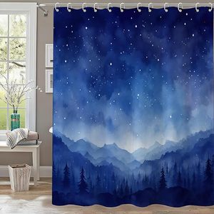 <span class=keywords><strong>Rideau</strong></span> de douche en <span class=keywords><strong>tissu</strong></span> imperméable avec crochets, motif ciel nocturne, montagne, forêt, aquarelle - Product Image 3