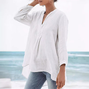 Nuovo stile vendita caldo lino tinta unita Casual moda manica lanterna camicia di <span class=keywords><strong>Tulle</strong></span> donna - Product Image 3
