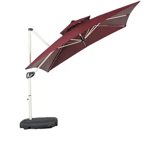 Kırmızı kare şemsiye çift üst konsol ofset veranda şemsiye ile 360 derece rotasyon & Tilt & çapraz taban