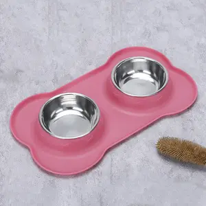 핑크 애완 동물 개 그릇 세트 스테인레스 스틸 유출 엉망 방지 식품 물 개 식품 그릇 미끄럼 방지 실리콘 매트 개 그릇