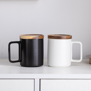 Custom Minimalist Nordic Couple Mugs Matte Black <b>Ceramic</b> Coffee <b>Cup</b> with Wooden Lid - Product Image 4