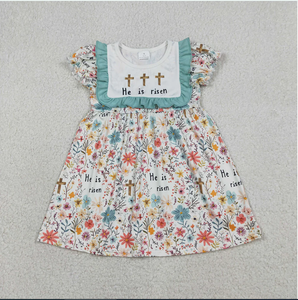 Conjunto de Vestido de Pascua para Niña GSD3504 con Estampado de Flores y Cruz 'Él ha resucisido', Largo hasta la Rodilla - Product Image 1