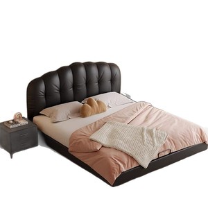 French Style Black Genuine Leather <b>Bed</b> Modern Minimalist Master Bedroom Upholstered Double <b>Bed</b> With <b>Soft</b> Backrest - Product Image 5