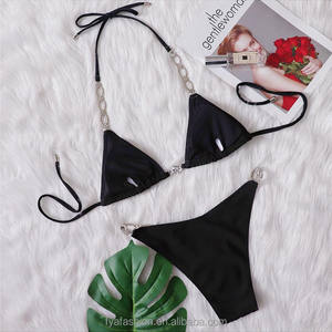 Microbikini con tirantes acolchados para mujer, microbikini negro con diamantes de imitación, nueva colección - Product Image 3