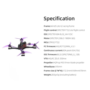 Drone de course FPV HGLRC Wind5 Lite V2 5 pouces BNF ELRS 2.4G 6S 195mm d'entreaxe SPECTER F722 Lite <span class=keywords><strong>Zeus</strong></span> 350mW VTX - Product Image 6