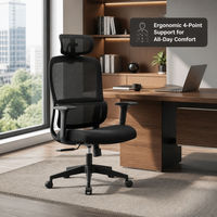 Chaise de bureau ergonomique moderne noire en maille avec appui-tête réglable, accoudoirs rembourrés, siège pivotant pour espace de travail