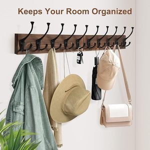 Wooden Coat Rack With 10 Hooks 86cm Wall Mounted <b>Clothes</b> Organizer Durable <b>Storage</b> Rack For Wardrobe Closet Door Hook - Product Image 5