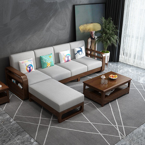 Juego de Sofás de Madera Maciza con Tela de Estilo Nórdico, con Almacenamiento, en Forma de L, Muebles para Sala de Estar, Chaise Longue de Tres Plazas - Product Image 2