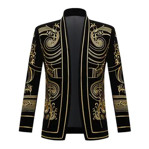 One Pieces Velvet Tuxedo Black Gold Suit Men Embroidered Blazer Mens Blazers For Stage Singer Performance Costume Jacket Only