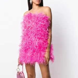 Fashion Blue Lilac Pink Women Sexy Mini Feather Evening Dress Ladies Cocktail Club Ostrich Feather Dress