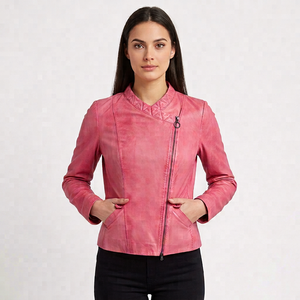 Wholesale Women Washed <b>Pink</b> Leather <b>Jacket</b> Asymmetric Zip Biker Coat Custom Quilted Collar Slim Fit Outerwear Supplier - Product Image 1