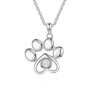 Cute Animal Paw Pendant Necklace 925 Sterling Silver Rhodium Plated Opal Bezel Setting Link Chain Unisex Everyday Wear - Product Image 6