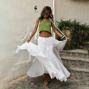 Summer Women Solid Color Midi Skirt Elastic Waist Drawstring Tassel Detail Breathable Casual Vacation Skirt - Product Image 3