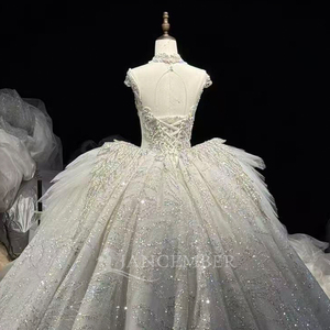 Hz029 Precioso Vestido de Novia Blanco Plateado con Escote Corazón, Cristales, Tul Esponjoso, Alas de Cadera y Cola Brillante Jancember - Product Image 6