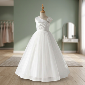 Robe de soirée blanche asymétrique en satin et tulle respirant, longueur midi, avec nœud, pour enfants Tutupetti - Product Image 2