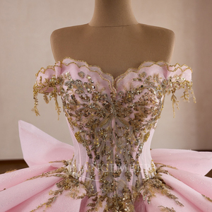 261019 Exquisite <b>Pink</b> <b>Tassel</b> Quinceanera Ball Gown <b>Dress</b> Golden Lace Beading Crystal Natural Waistline Chapel Train Party - Product Image 5