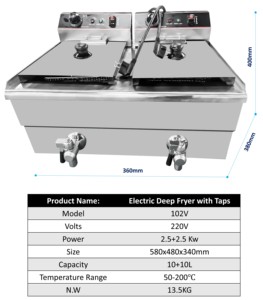 Friteuse professionnelle double 10+10L avec contrôle de température, bac à huile amovible, panier en acier inoxydable, économie d'énergie - Product Image 3