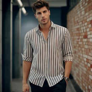 Camisa a Rayas de Manga Larga, Cuello Polo, Cómoda y Holgada, de Lino y Algodón para Hombre, Nueva Colección Primavera-Otoño - Product Image 3