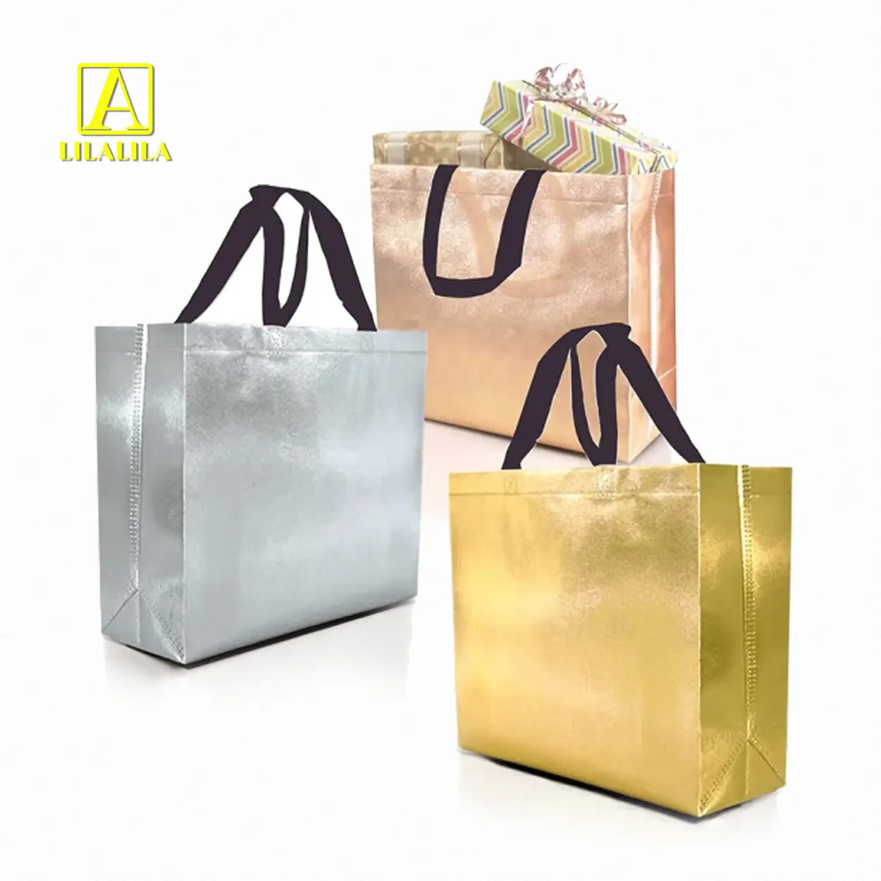 Embalaje de tela de oro y plata personalizado, bolsa de asas no tejida metálica Pp de compras reutilizable con logotipo