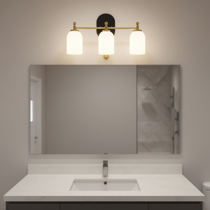 Lampada da parete per bagno Meadows a tre luci in oro spazzolato, 20,5 pollici, in vetro bianco satinato, design contemporaneo - Product Image 2