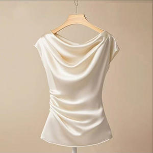Women's Satin Cowl Neck Ruched <b>Top</b> - Cap Sleeve Fitted Blouse Womens Clothes Shirt Fashion - Product Image 3
